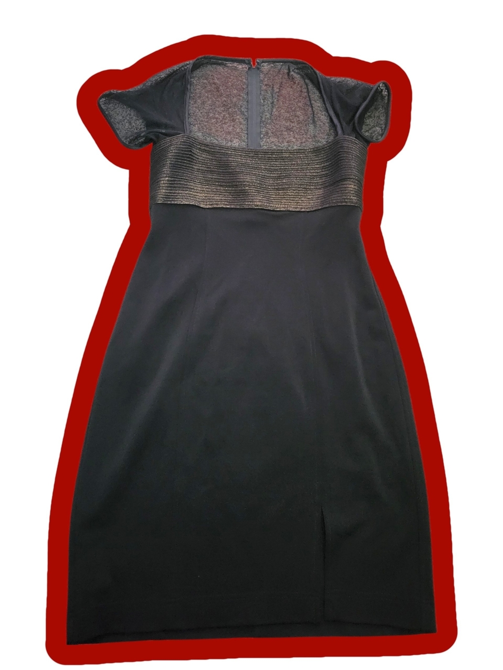 Tadashi Shoji Black Fitted Cocktail Dress with Metallic Waist Detail And Slit 12